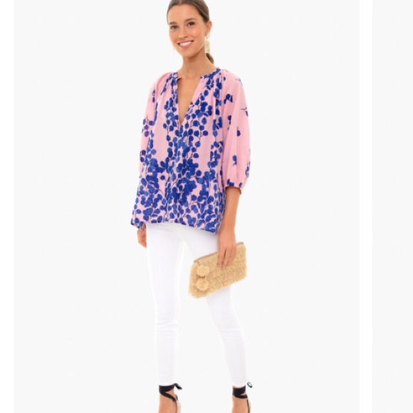 Tuckernuck Ro’s Garden Marcia top in pink and blue block print M - L - Picture 2 of 15